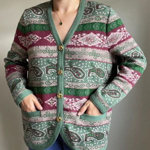 Vintage 80s Womens Pink Green Paisley Striped Oversized Grandma Cardigan Sz L - Picture 1 of 11
